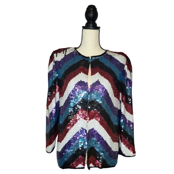 Vintage Evening Jacket Sequined Multicolor Chevron Pattern Silk Size M - Picture 1 of 11